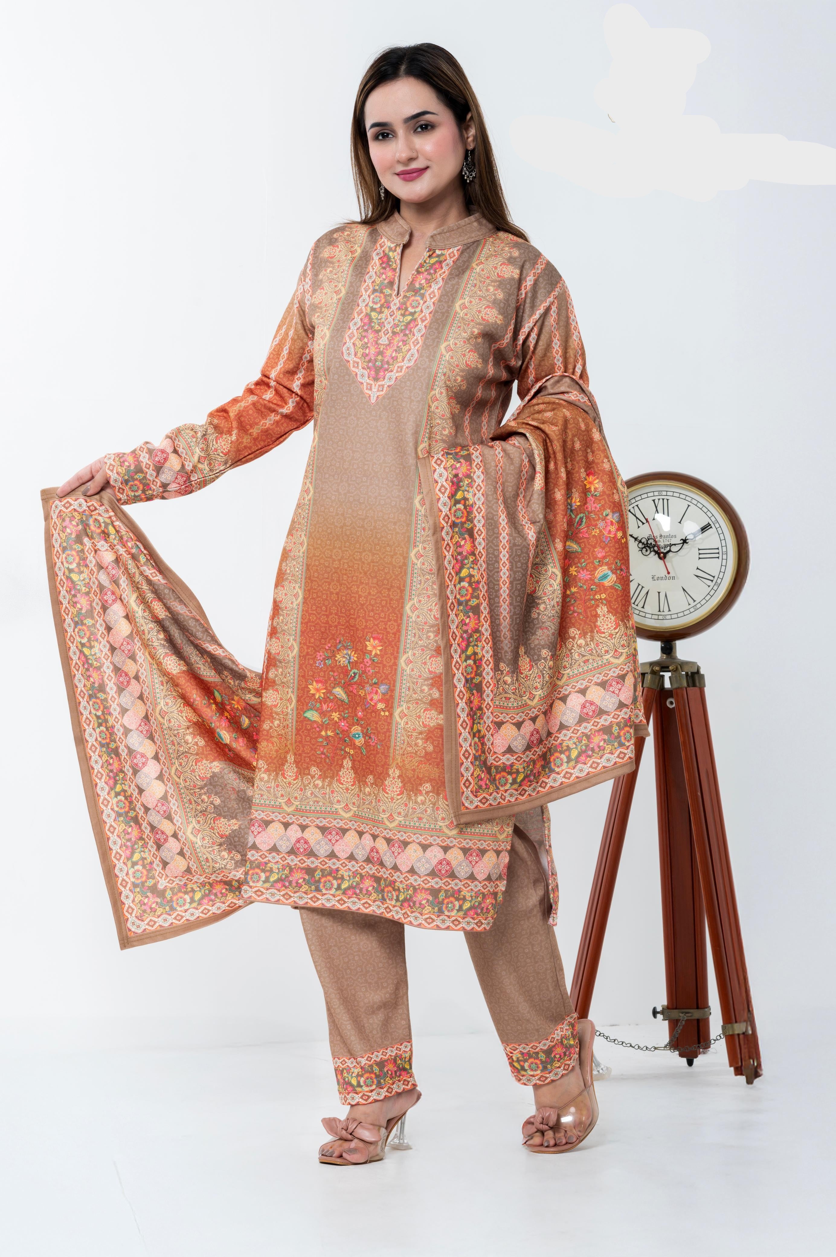 Kashmiri Red-Black Ombre Floral Ethnic Suit