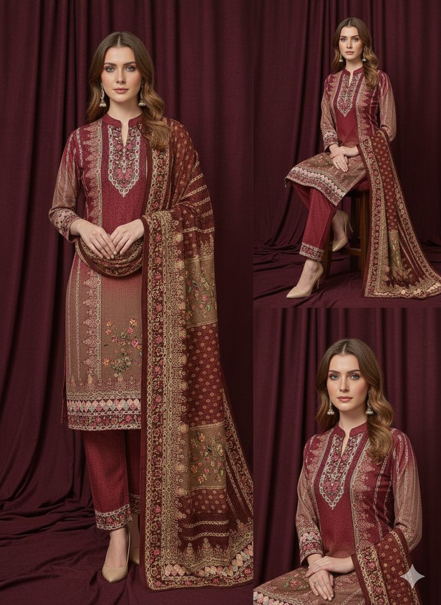 Kashmiri Red-Black Ombre Floral Ethnic Suit