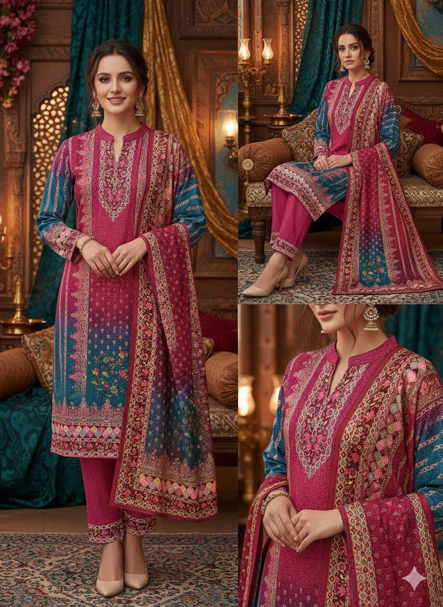 Kashmiri Red-Black Ombre Floral Ethnic Suit
