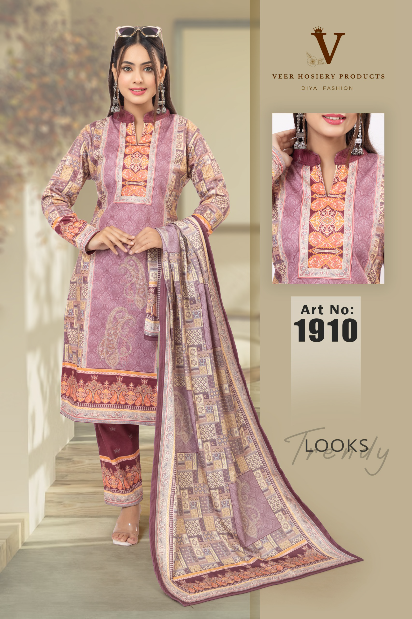 Jaipuri Soft Mauve Purple with Rust & Beige ornamental detailing