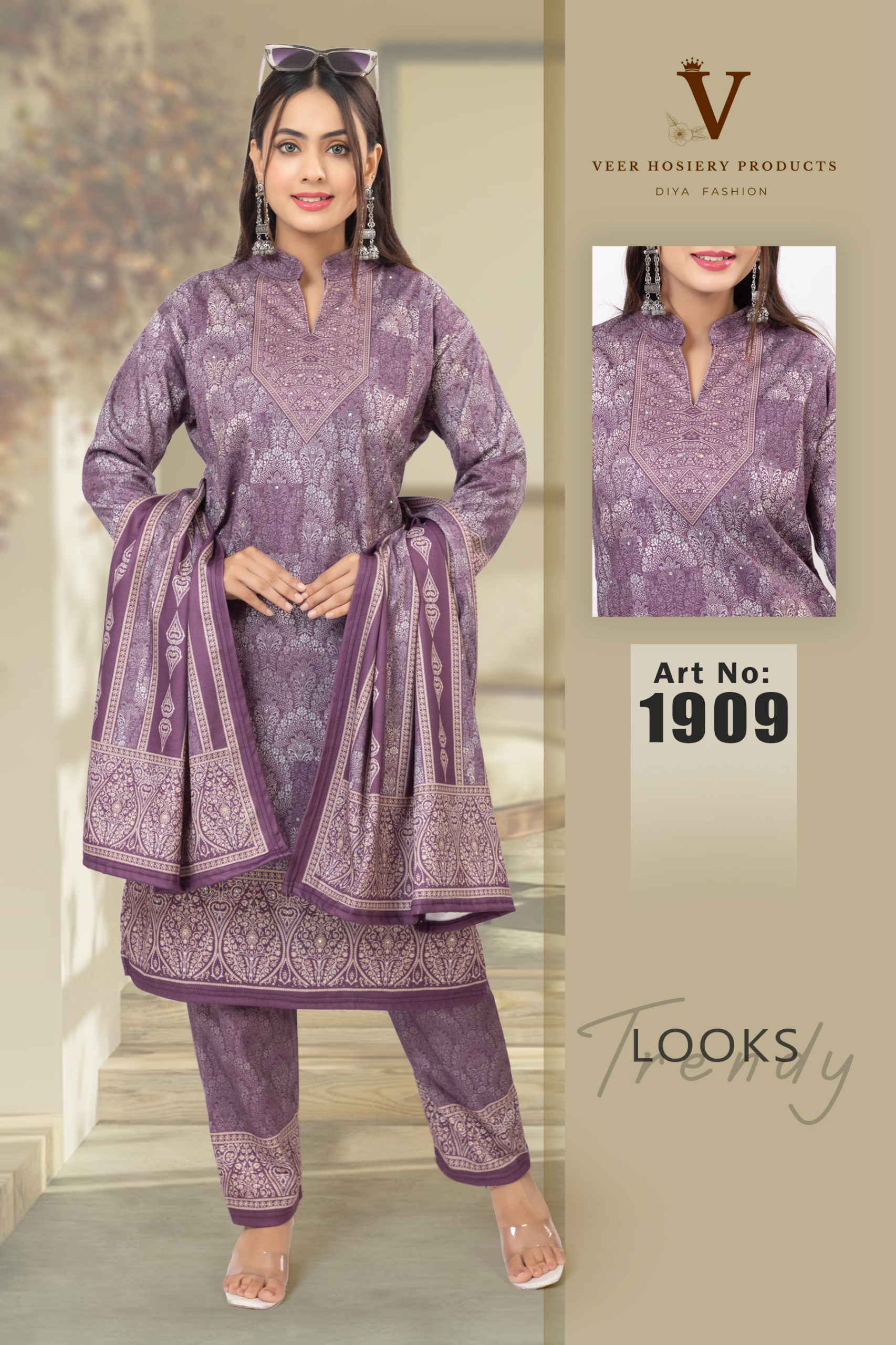 Jaipuri Rich Plum Lavender with light Silver Grey ethnic print.