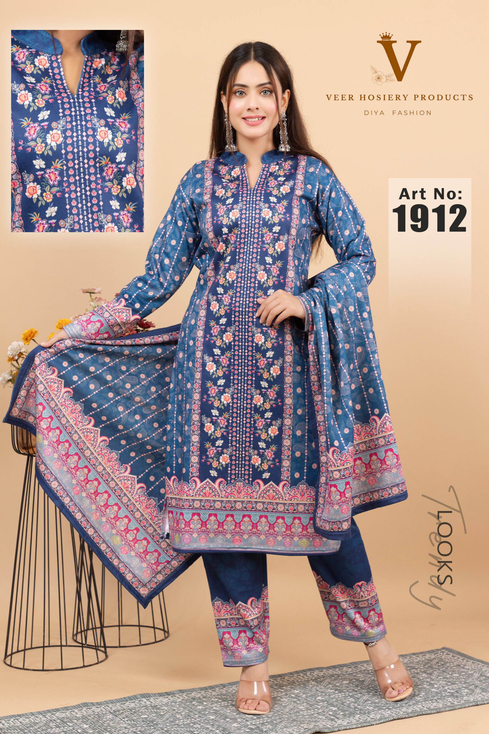 Jaipuri Deep Navy Blue base with Pink, White & Peach floral patterns.