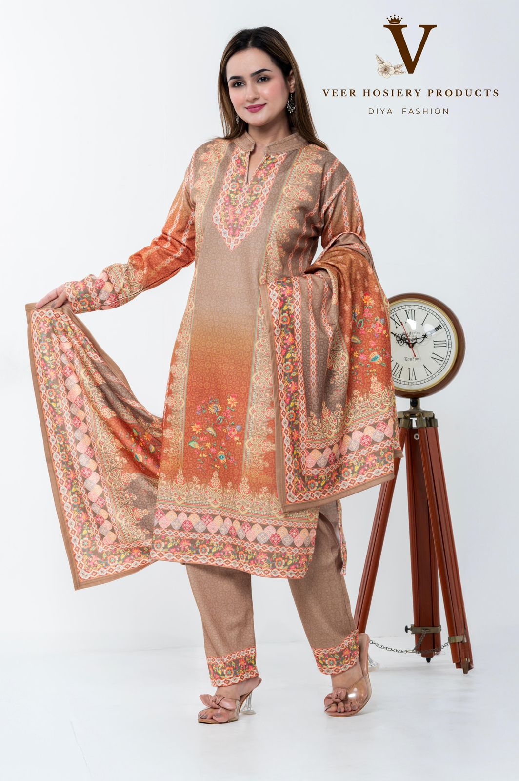 Peach & Brown Gradient Woolen Kurti Set