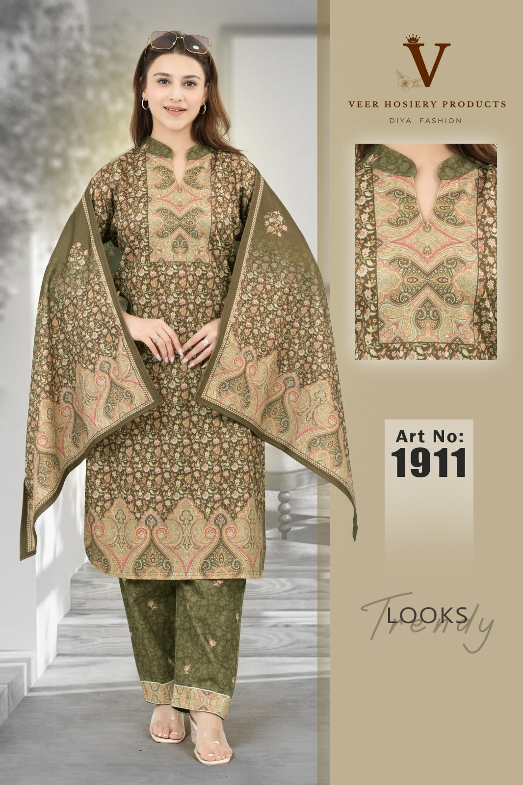 Jaipuri Earthy Olive Green with Beige & Rose Pink paisley detailing.